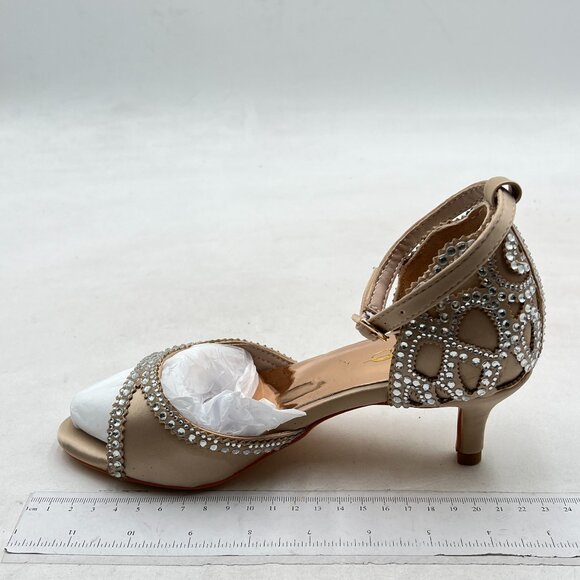 XYD Champagne Peep Toe D'Orsay Kitten Heel Rhinestone Studs Ankle Strap Sandal - Picture 2 of 8